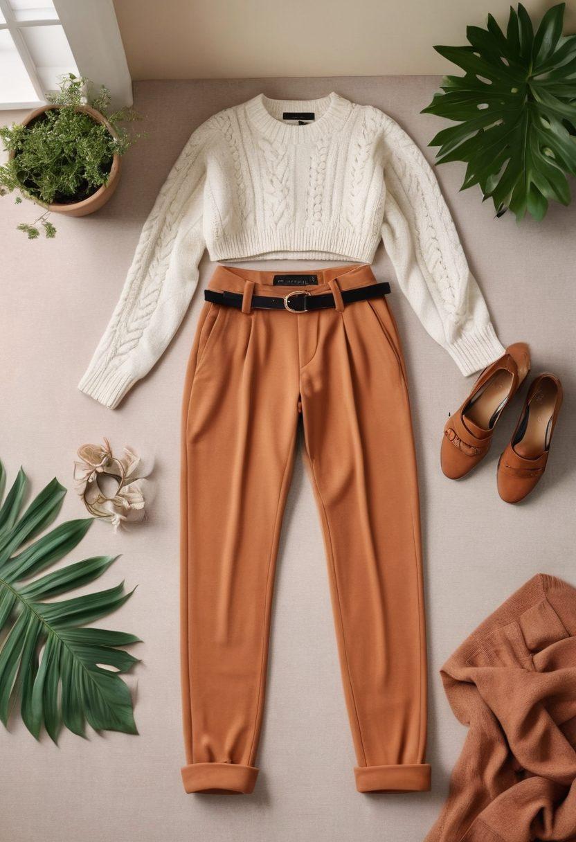 A stylish flat lay of trendy, comfortable pants paired with chic accessories like a soft sweater, fashionable belt, and trendy shoes, all set against a softly blurred background of a cozy living space. Include a touch of foliage or flowers to evoke intimacy and warmth. super-realistic. soft pastels. cozy ambiance.